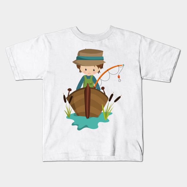 Fishing Boy, Fisherman, Fishing Rod, Brown Hair Kids T-Shirt by Jelena Dunčević